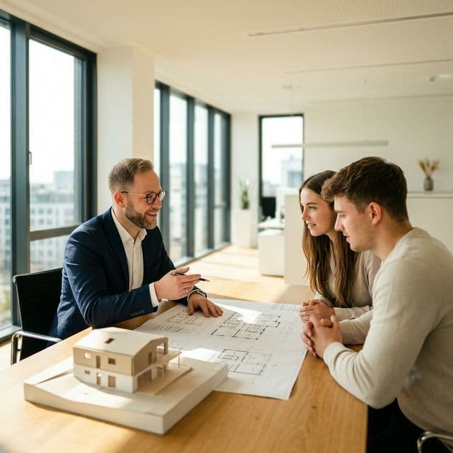 Beratungsgespräch zu Bauvorhaben und Immobilie am Plantisch